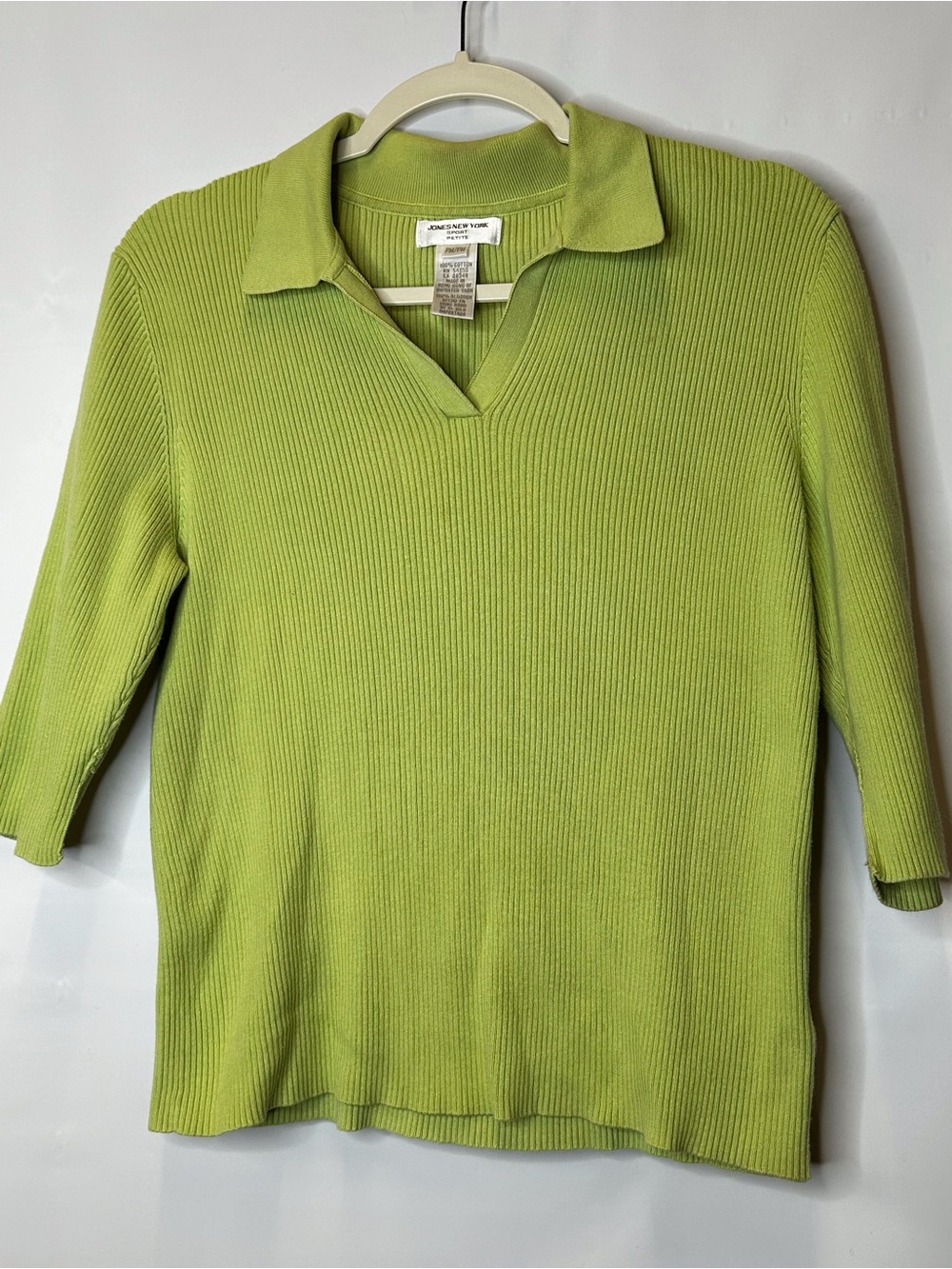 Jones New York Lime Green Ribbed V-Neck Polo Sweater